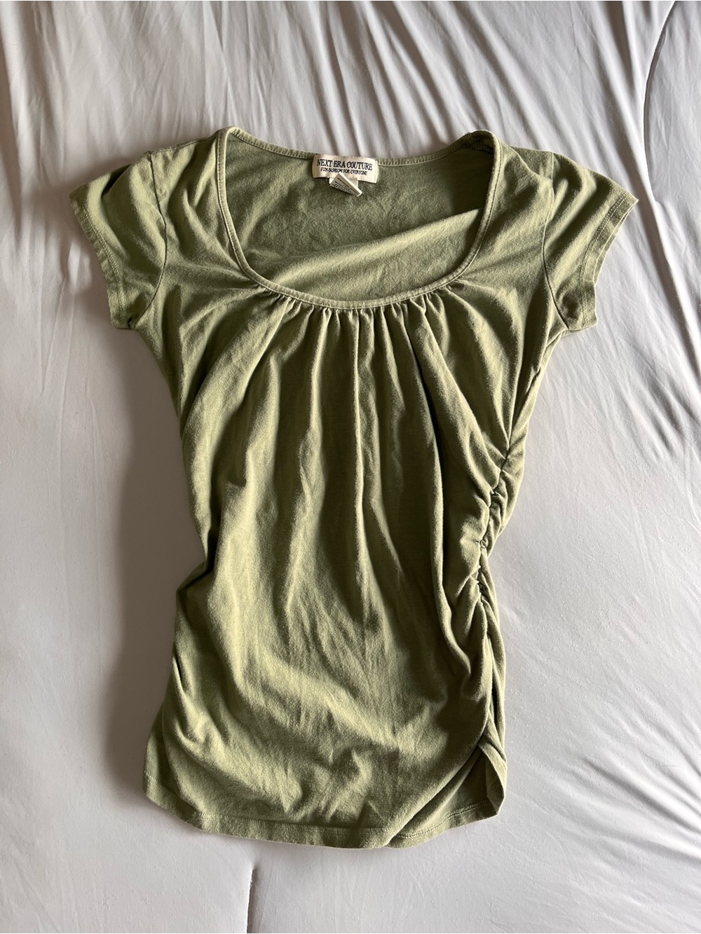 NEXT ERA COUTURE Olive Green Ruched Sides Short Sleeve Women’s Top Shirt Sz M